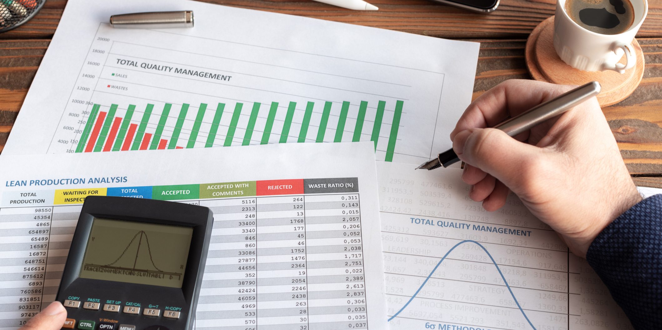 Total Quality Management, Lean Production Analysis and Six Sigma Methodology Graphics on Work Desk